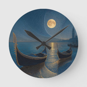 Night Scene of Venetian Gondolas under a Full Moon Round Clock