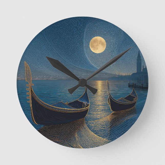 Night Scene of Venetian Gondolas under a Full Moon Round Clock (Front)
