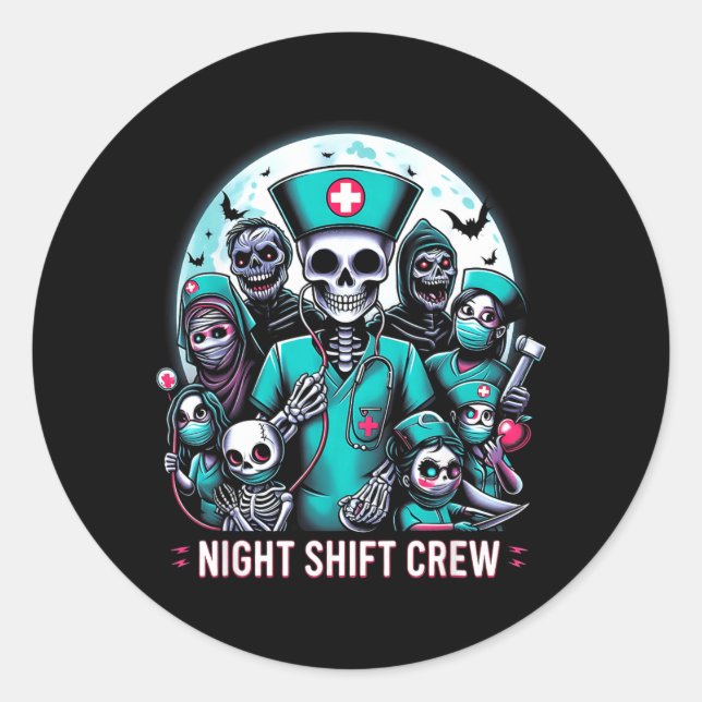 Night-Shift Crew Ghost Skeleton Zombie Funny Classic Round Sticker (Front)
