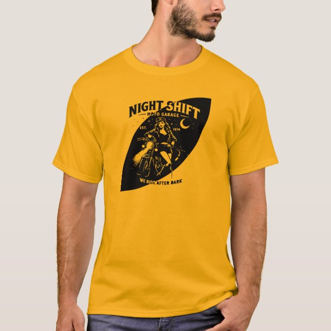Night Shift Motorcycle Garage Pin Up Style T-Shirt (Front)