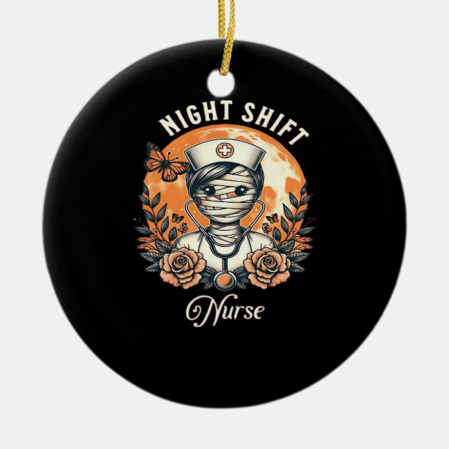 Night Shift Nurse Mummy Halloween Healthcare Flora Ceramic Ornament (Front)