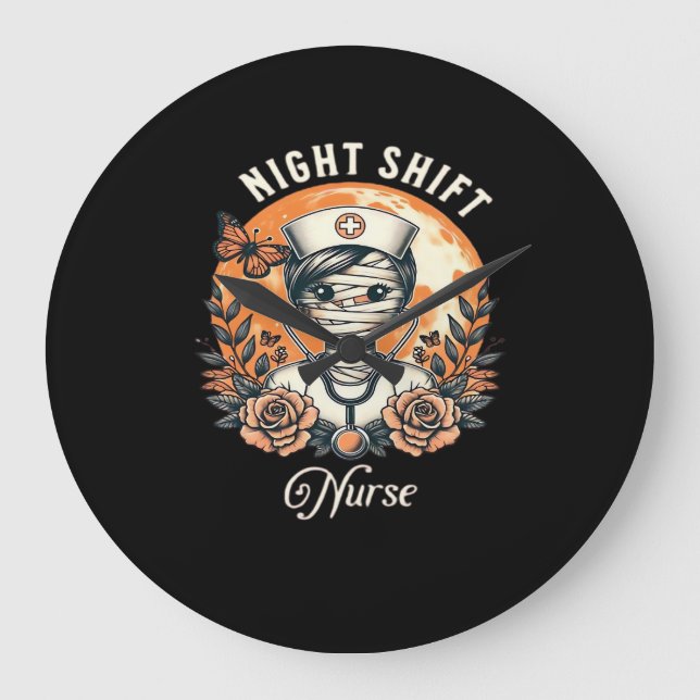 Night Shift Nurse Mummy Halloween Healthcare Flora Large Clock (Front)