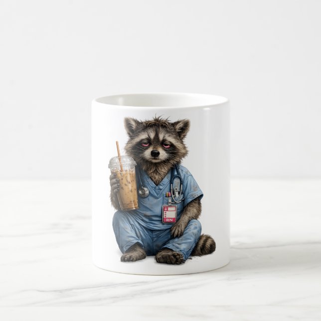 Night Shift Racoon Nurse , Funny RN Iced Coffee , Mug (Center)