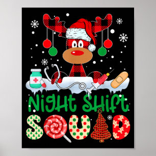 Night Shift Squad Nurse Reindeer Buffalo Red Plaid Poster
