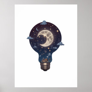 Night Sky and Cottage Inside a Lightbulb Poster