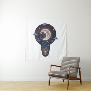 Night Sky and Cottage Inside a Lightbulb Tapestry