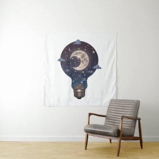Night Sky and Cottage Inside a Lightbulb Tapestry