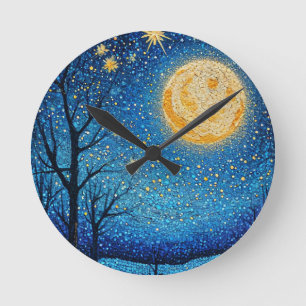 Night sky and full moon round clock