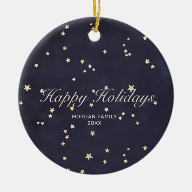 Night sky and gold stars holiday photo ornament (Front)