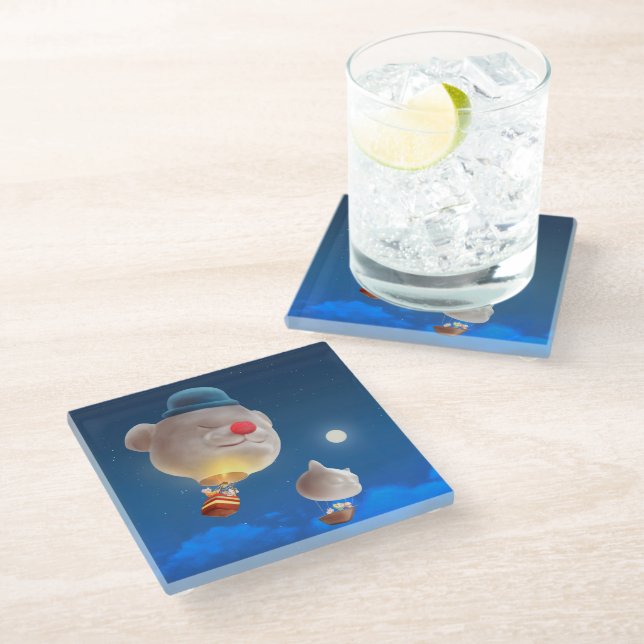Night Sky Balloon Adventure Glass Coaster (Angled)