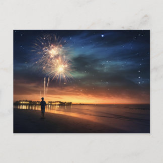 Night Sky Beach Fireworks Postcard