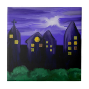 Night sky city skyscrapper canvas art ceramic tile