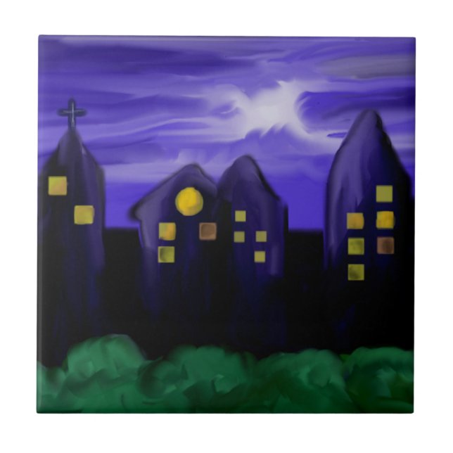 Night sky city skyscrapper canvas art ceramic tile (Front)