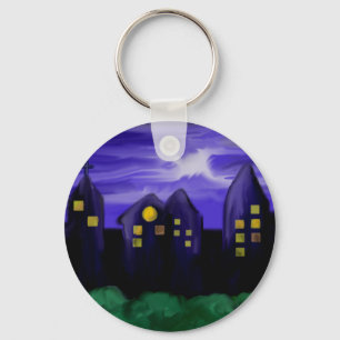 Night sky city skyscrapper canvas art key ring