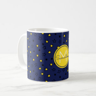 Night Sky Cute Stars on Navy Blue Pattern Monogram Coffee Mug