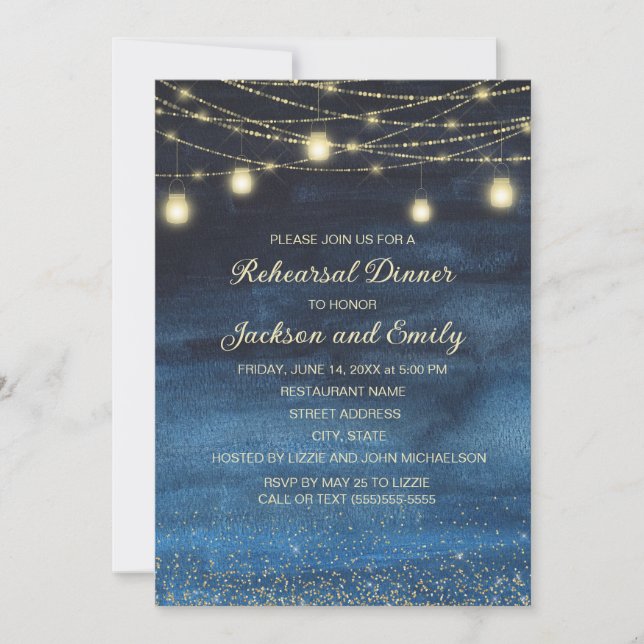 Night Sky Gold String Lights Rehearsal Dinner  Invitation (Front)
