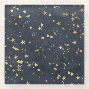 Night Sky Golden Stars Astrology Grey Blue Glass Coaster