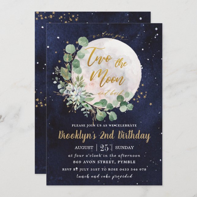 Night Sky Greenery Two the moon 2nd Birthday Party Invitation (Front/Back)