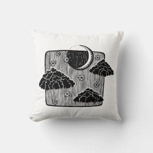 Night Sky Half Moon Clouds Hand Drawn Illustration Cushion