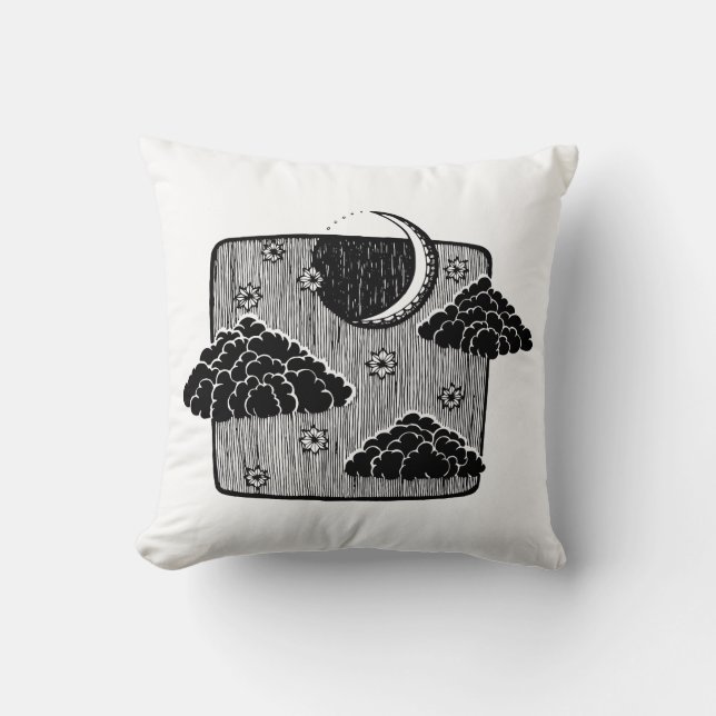 Night Sky Half Moon Clouds Hand Drawn Illustration Cushion (Front)