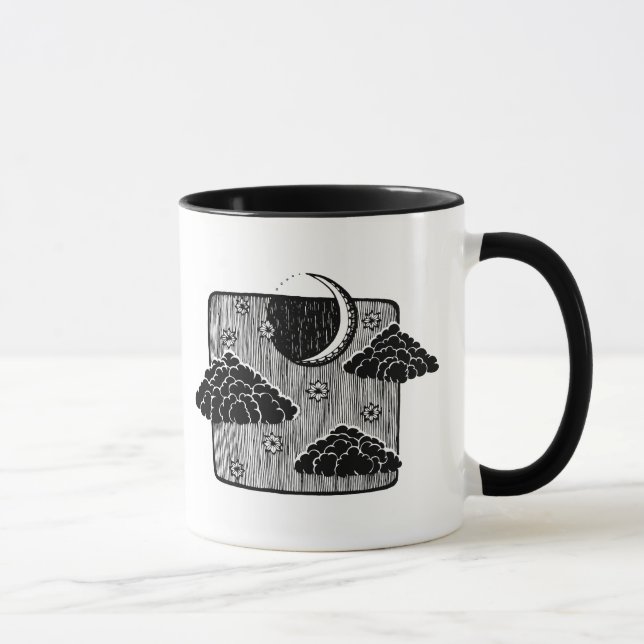 Night Sky Half Moon Clouds Hand Drawn Illustration Mug (Right)
