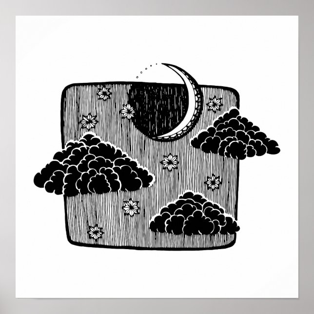 Night Sky Half Moon Clouds Hand Drawn Illustration Poster (Front)