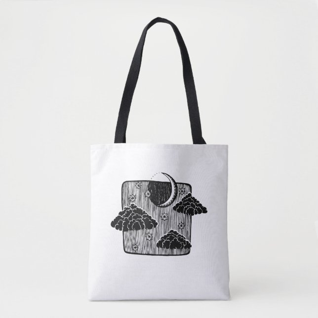 Night Sky Half Moon Clouds Hand Drawn Illustration Tote Bag (Front)