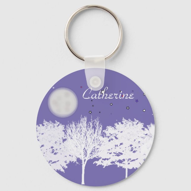 Night sky moon and stars trees silhouette art key ring (Front)