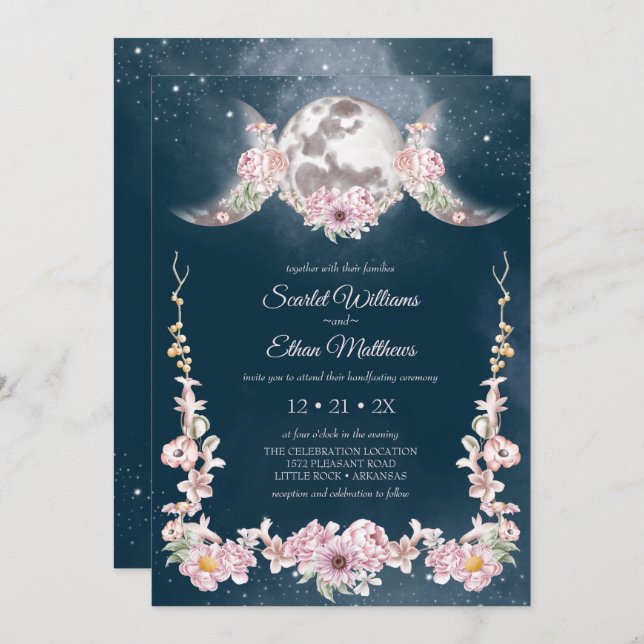 Night Sky Moon Phases Pink & Blue Handfasting Invi Invitation (Front/Back)