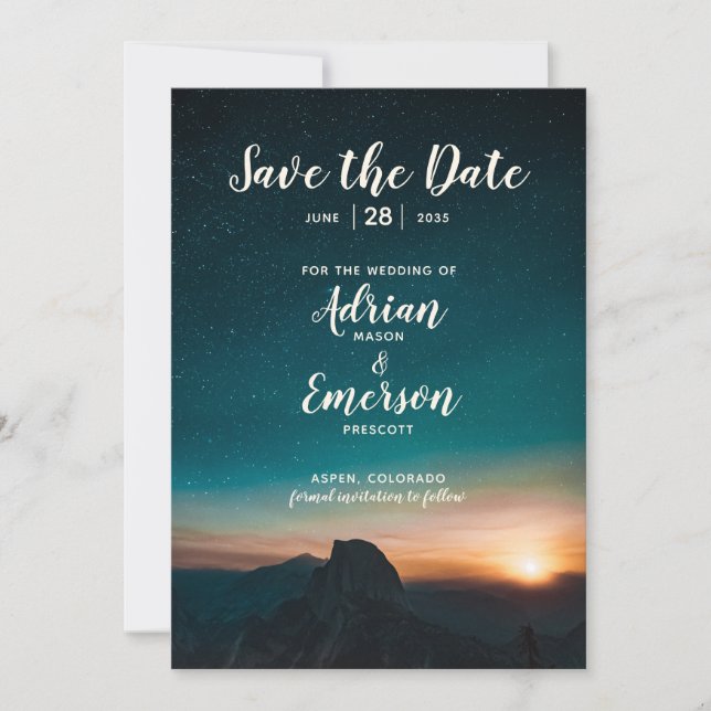 Night Sky Mountain Starry Galaxy Modern Wedding Save The Date (Front)