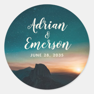 Night Sky Mountains Galaxy Stars Script Wedding Classic Round Sticker