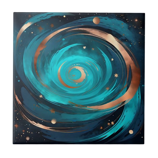 Night Sky Nebula Turquoise And Copper Metallic Ceramic Tile (Front)