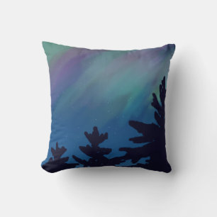 Night Sky Northern Lights Trees Cushion