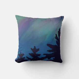 Night Sky Northern Lights Trees Cushion