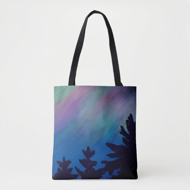 Night Sky Northern Lights Trees Tote Bag (Front)