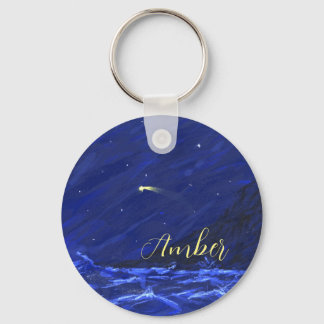 Night Sky Ocean Cliff Shooting Star Canvas Key Ring
