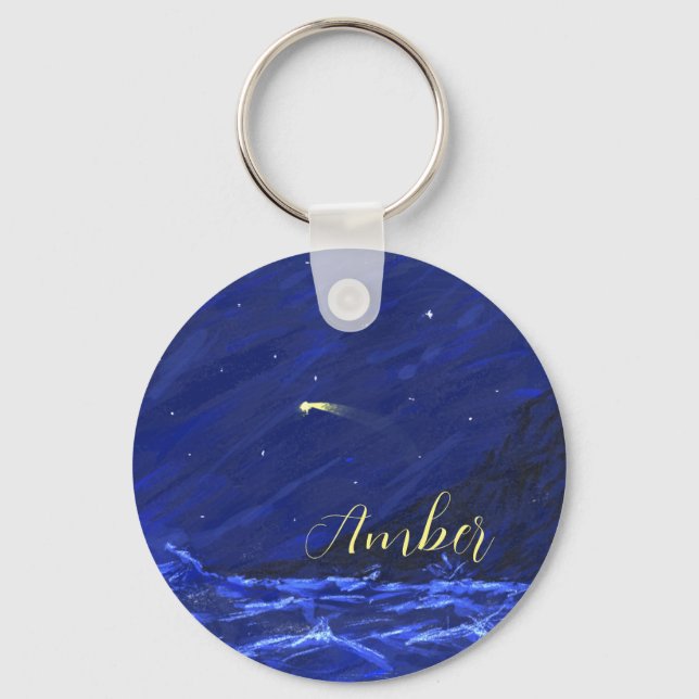 Night Sky Ocean Cliff Shooting Star Canvas Key Ring (Front)