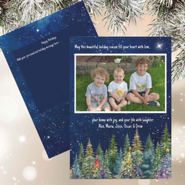 Night Sky Photo Xmas Tree Forest Flat Holiday Card (Creator Uploaded)