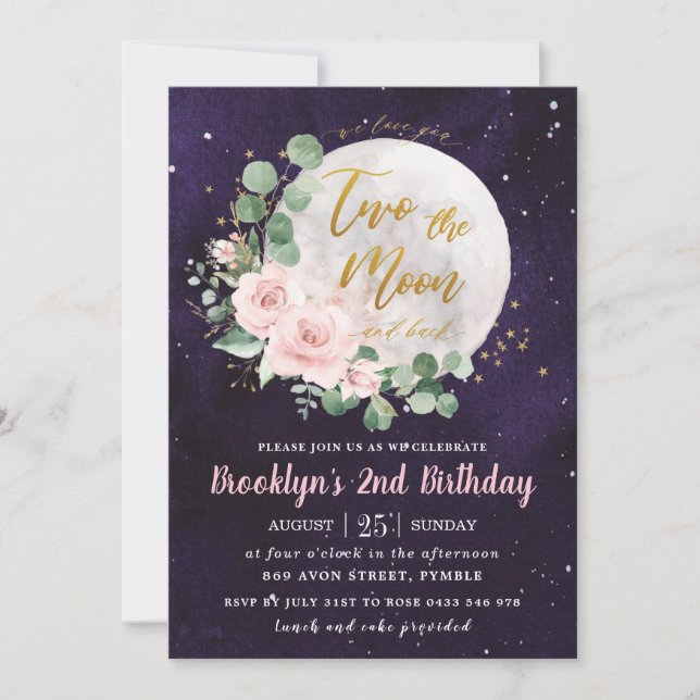 Night Sky Pink Floral Two the Moon 2nd Birthday  Invitation (Front)