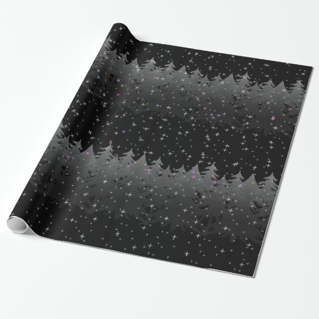 Night Sky Pink Stars Trees Snow Grey Black Holiday Wrapping Paper (Unrolled)