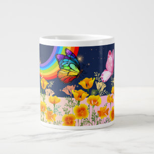 Night Sky, Rainbow, Butterflies, and Flowers Large Coffee Mug