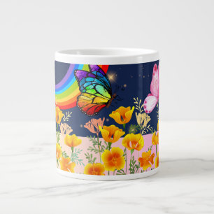 Night Sky, Rainbow, Butterflies, and Flowers Large Coffee Mug