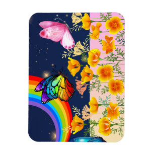 Night Sky, Rainbow, Butterflies, and Flowers Magnet
