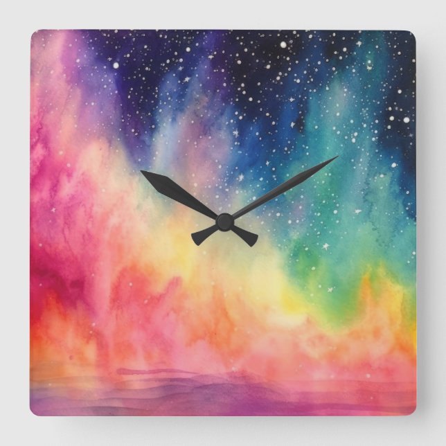Night Sky Rainbow Watercolour Abstract Art Square Wall Clock (Front)