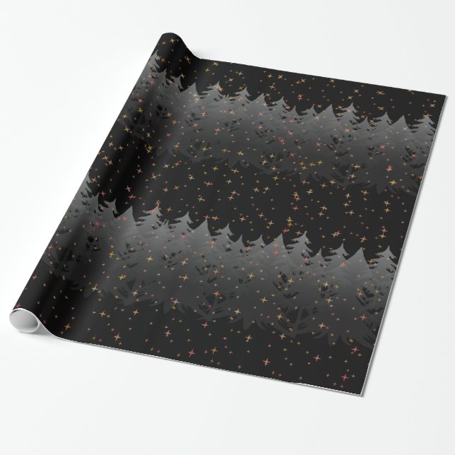 Night Sky Red Yellow Stars Tree Snow Black Holiday Wrapping Paper (Unrolled)