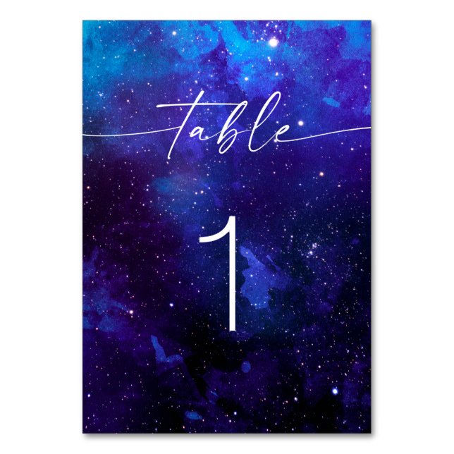 Night Sky Romantic Galaxy Wedding | Modern Script Table Number (Front)