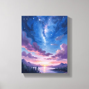 Night Sky Starry Lake Purple Watercolor Canvas Print