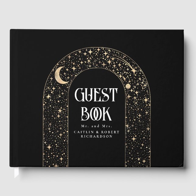 Night Sky Stars Celestial Black Wedding Guest Book (Front)
