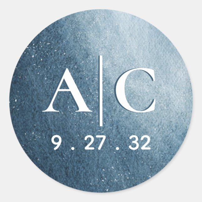 Night Sky Stars Navy Blue White Initials Classic Round Sticker (Front)