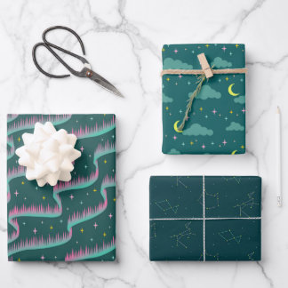 Night Sky Teal Green Wrapping Paper Trio Bundle
